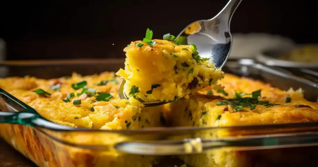 A close-up of a glass baking dish filled with a well-mixed combination of shredded chicken, crumbled cornbread, diced celery, and fresh herbs. The spoon has evenly blended the ingredients, showcasing the golden cornbread, tender chicken, and vibrant green herbs. The dish is prepped and ready for baking,