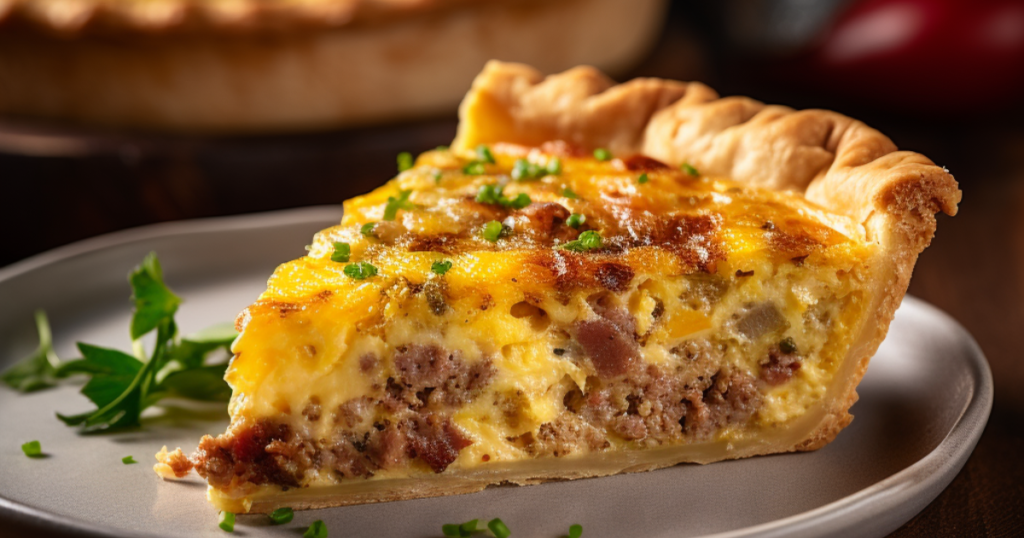 A close-up of a slice of sausage and cheese quiche on a plate, showcasing its flaky golden crust, creamy egg filling, and savory sausage pieces. The quiche is garnished with fresh chopped herbs, and the background features a blurred whole quiche, creating a warm and inviting presentation