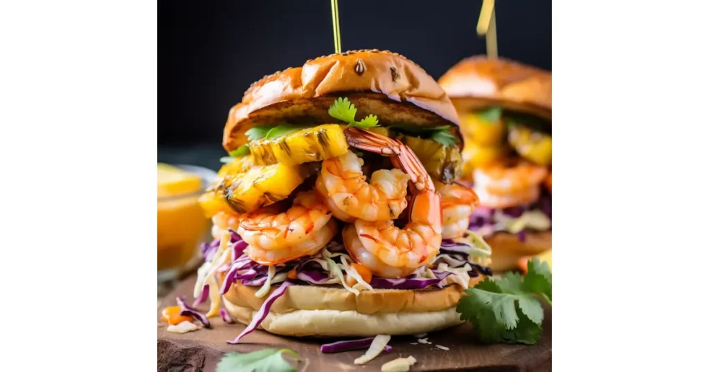 Grilled BBQ shrimp sliders on Hawaiian rolls with pineapple, red cabbage slaw, and creamy sauce – perfect for party appetizers or summer cookouts.”