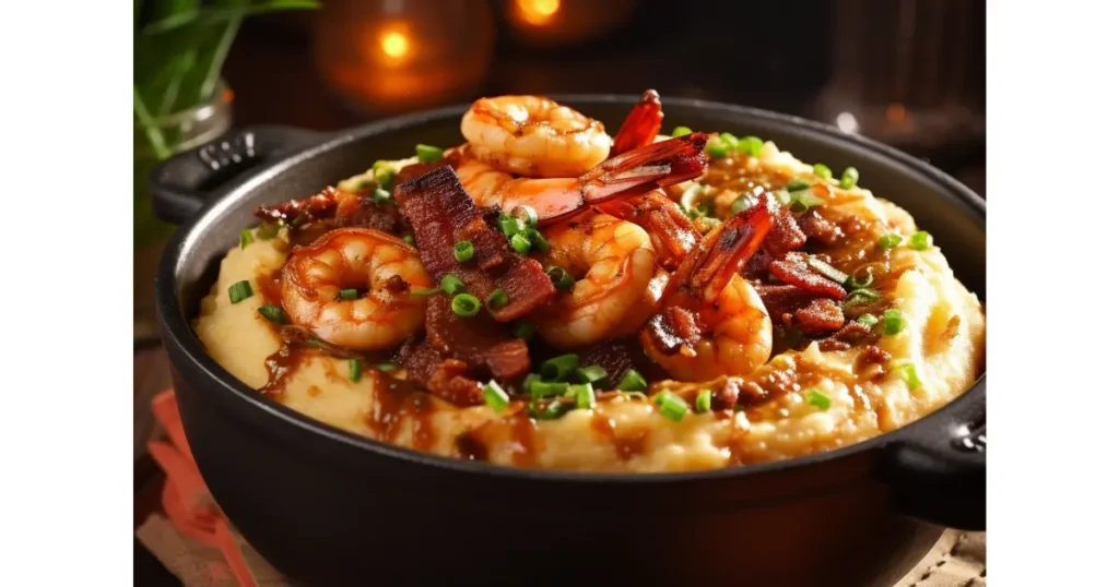 Southern-style BBQ shrimp and creamy cheese grits served in a black cast-iron bowl, topped with crispy bacon and chopped green onions, warm and cozy comfort food.