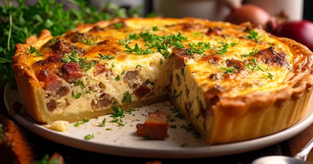 A golden, flaky sausage quiche with a creamy, cheesy filling, served on a rustic plate. The quiche has a rich texture with visible chunks of sausage and fresh herbs sprinkled on top. A cozy breakfast scene with a blurred background featuring milk, eggs, and a warm beverage, creating a homely and inviting atmosphere