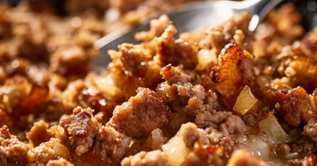 Close-up of a black cast iron skillet filled with cooked, crumbled breakfast sausage. The sausage is golden brown with a slightly crispy texture, and small caramelized bits are visible. Soft, natural lighting highlights the richness of the meat. A spoon is seen stirring the sausage, ensuring even cooking. No whole sausage pieces or extra ingredients are present—just finely crumbled sausage, perfectly prepared for a quiche filling."