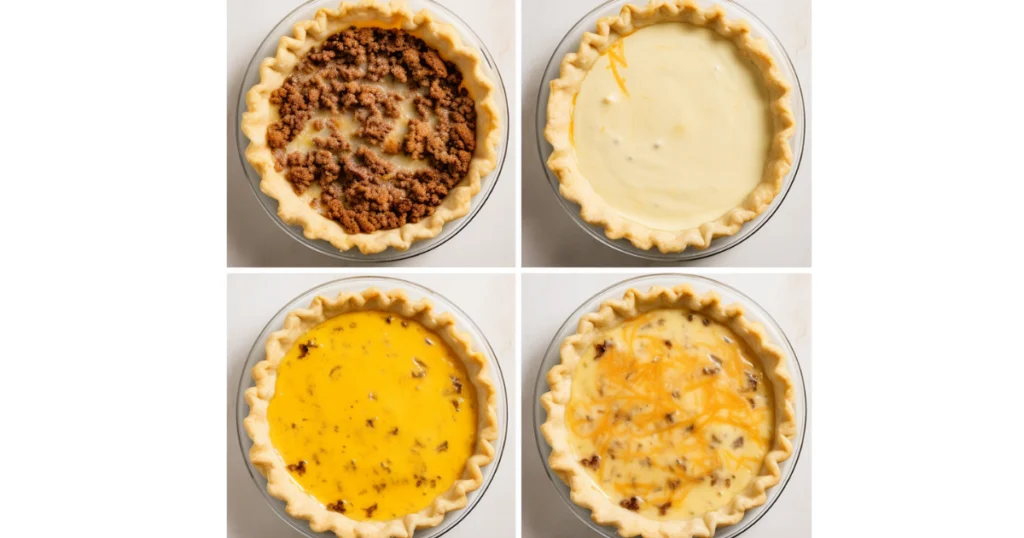 Step-by-step collage showing the assembly of a sausage quiche. The first image displays a pre-baked pie crust filled with evenly spread crumbled, cooked sausage. The second image shows a smooth, creamy egg mixture poured over the sausage layer. The third image presents the quiche with a fully mixed filling, highlighting the rich, golden color. The final image showcases shredded cheddar cheese sprinkled on top, ready for baking. The sequence is clean and well-lit, with each step clearly visible