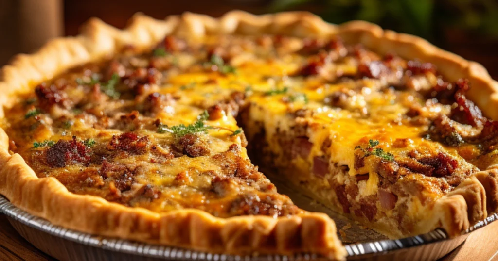 A freshly baked sausage and cheese quiche with a golden, flaky crust, served in an aluminum pie tin. The quiche has a rich, cheesy filling with crispy sausage pieces, and a slice is cut out to reveal the creamy texture inside. The background features warm lighting, fresh herbs, and softly blurred candles, creating a cozy and inviting atmosphere.