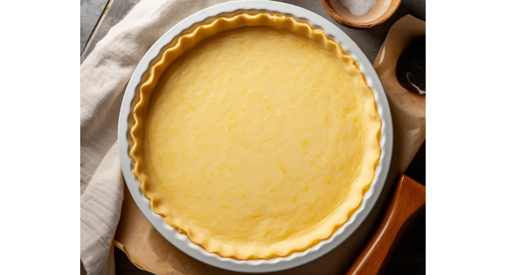 A perfectly prepared quiche crust in a white ceramic pie dish, with smooth, even edges and a golden hue, ready for filling. The scene is set on a parchment-lined surface with a rustic wooden rolling pin and a small bowl of salt nearby.