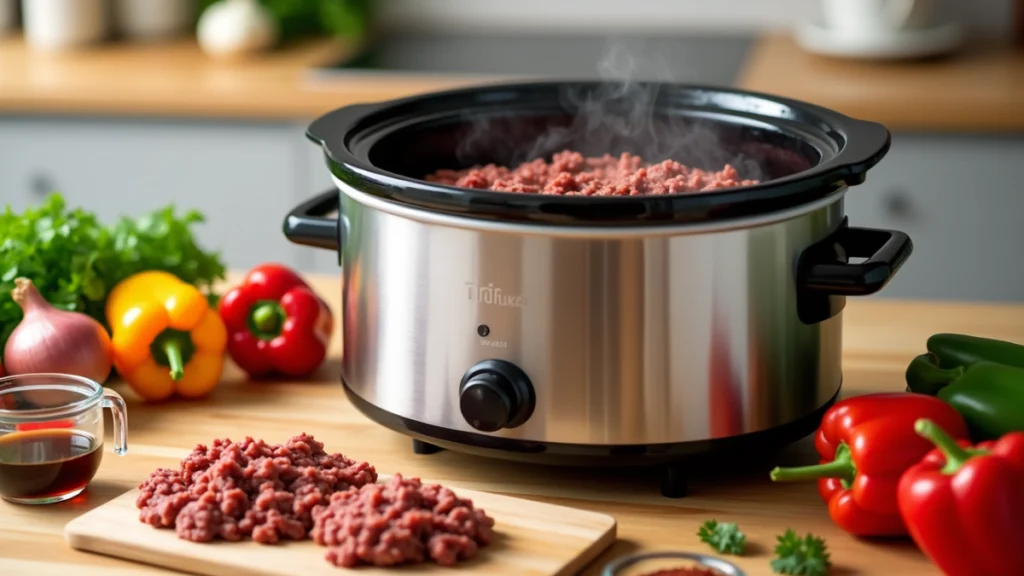 Easy crockpot ground beef recipes: fresh ground beef cooking in a slow cooker with bell peppers and spices in a kitchen setting.