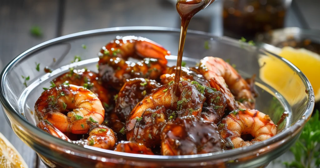 Shrimp marinating in smoky BBQ sauce in a clear glass bowl, part of an easy BBQ shrimp recipe with bold flavor