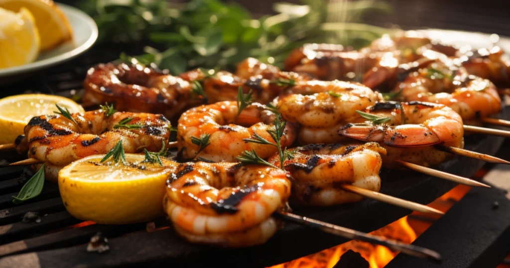 Grilled BBQ shrimp skewers over hot coals with smoky glaze, charred to perfection, served with lemon wedges—perfect for outdoor cookouts and backyard parties.