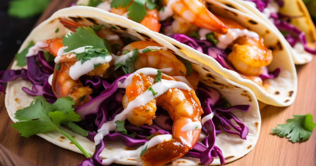 BBQ shrimp tacos topped with red cabbage, fresh cilantro, and creamy sauce — vibrant and flavorful twist on shrimp tacos BBQ style.