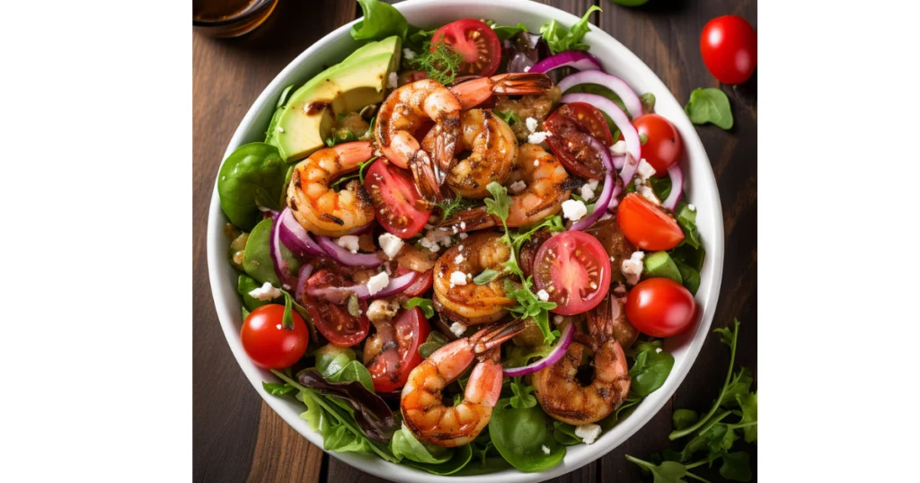 Grilled BBQ shrimp salad served in a white bowl with fresh greens, cherry tomatoes, red onions, avocado, and crumbled feta cheese – a healthy and flavorful BBQ shrimp recipe."